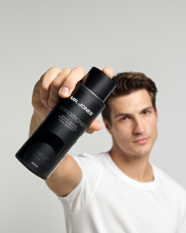 Person holding a black bottle labeled 'MR. JONES Conditioner' against a plain background
