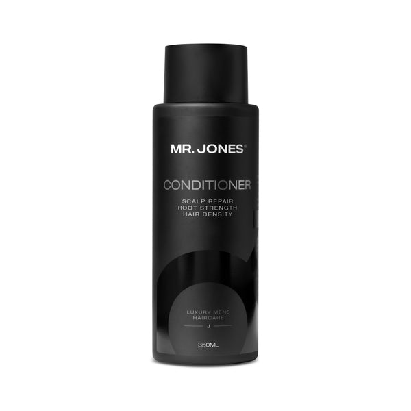 Black shampoo bottle labeled 'MR. JONES Conditioner' on a white background