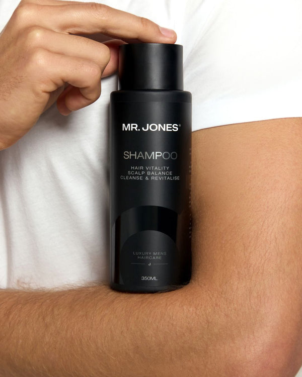 Black shampoo bottle labeled 'MR. JONES Shampoo' held by a hand on a white background