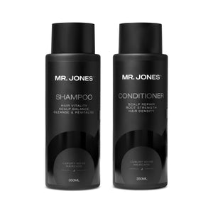 Two black bottles featuring a set of Mr Jones Shampoo & Conditioner